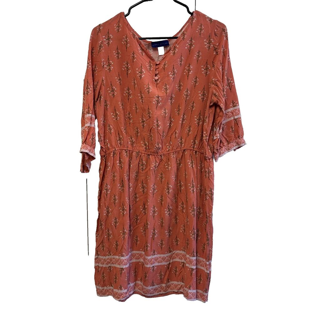 Simply Styled Sears Orange Floral Dress 3/4 Sleeves Elastic Waist L Buttons